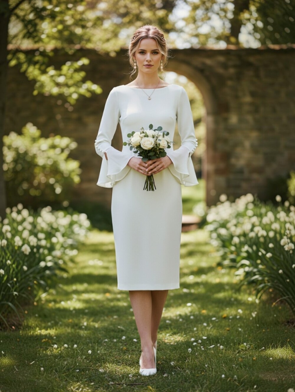 Calvin Klein Sz 4P Ivory White Long Sheer Bell And Button Sleeve Sheath Dress - Picture 3 of 16